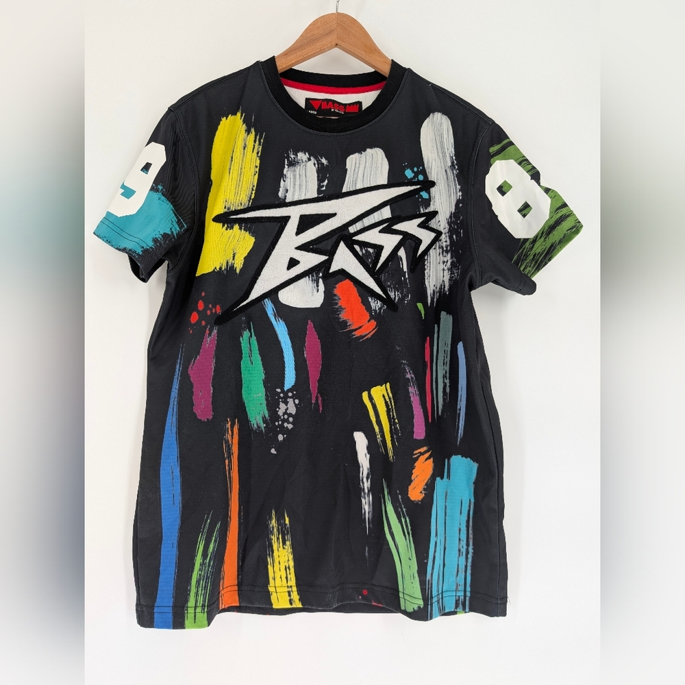 Ron Bass Black Graphic Tee Colorful Brushstroke T-Shirt, Graffiti Art Streetwear